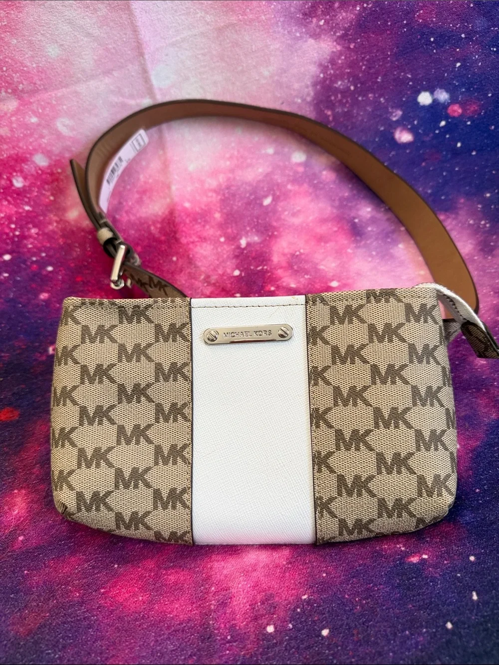 Michael Kors Beige MK Logo Canvas Crossbody with White Center Panel